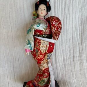 Elegant Japanese Geisha Doll in Red Kimono